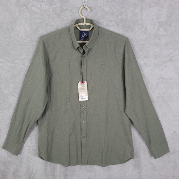 Raging Bull Button Up Shirt Mens Olive Size M Long Sleeve Linen Blend Logo NWT - Picture 1 of 16